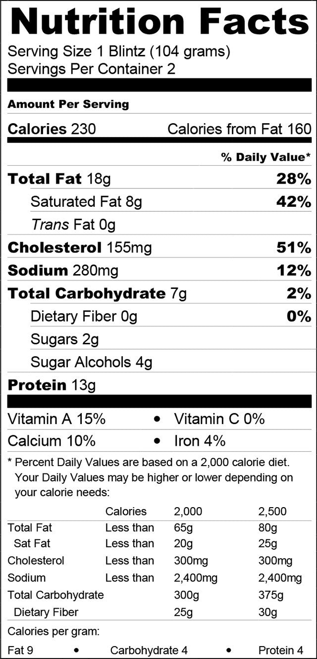 Nutrition Facts label for Carbolicious Low-Carb Cheese Blintzes showing serving size, calories, fat, cholesterol, sodium, carbohydrates, protein, vitamins, minerals, and daily values for a keto-friendly, sugar-free cheese blintz product.