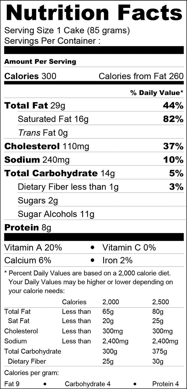 Nutrition facts label for a cake with serving size and container information. Carbolicious low-carb sugar-free cheesecake keto-friendly dessert with 3g net carbs, gluten-free, kosher, and zero sugar.