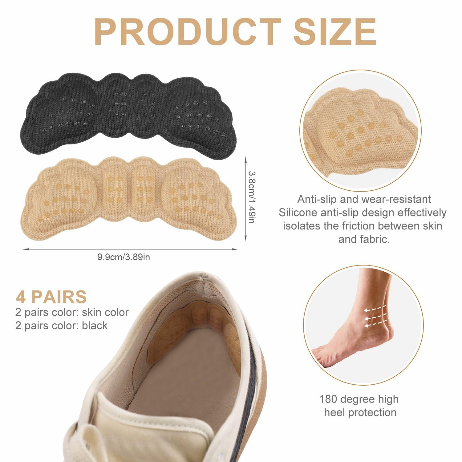 Gosknor 4 Pairs Heel Protector Pads Foam Inserts Cushion Black Skin Color