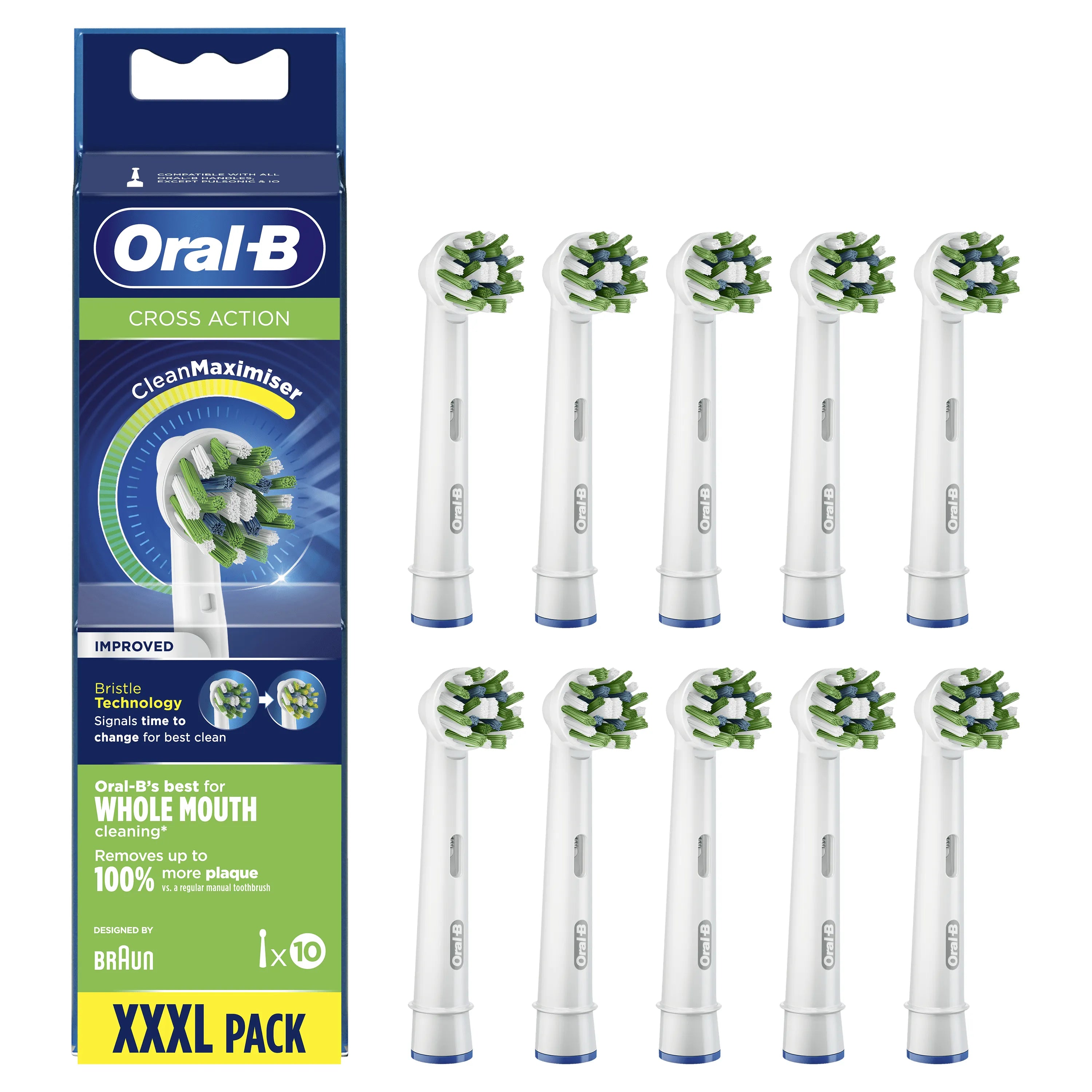 Oral-B CrossAction CleanMaximiser Brush Heads, 10-Pack, White – Made in Germany