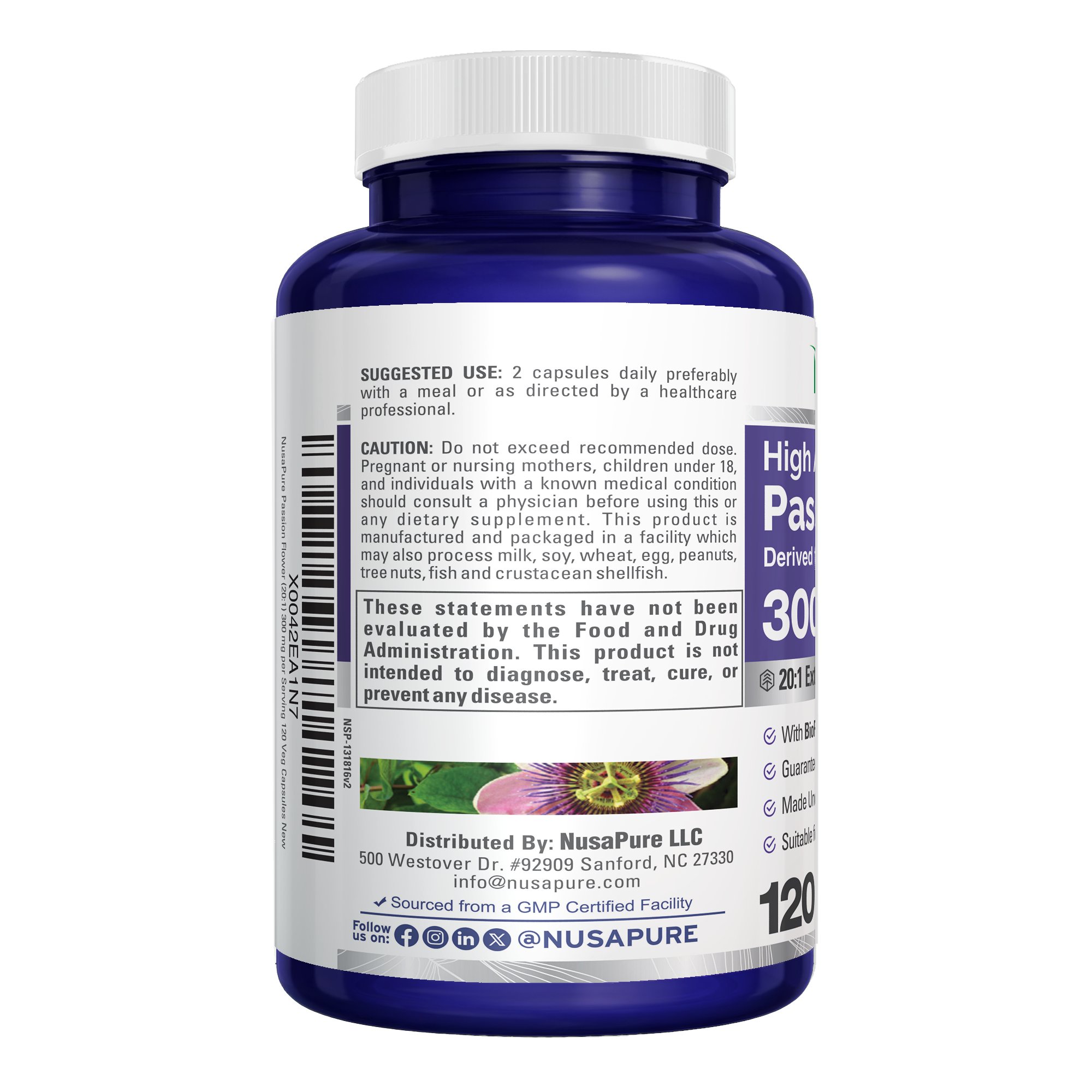 NusaPure Passion Flower 20:1 Extract, 300 mg, 120 Veggie Caps, Non-GMO, Bioperine, Extract Supplement