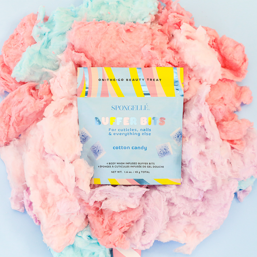 Spongellé Cotton Candy PediPOP! Buffer Bits body wash infused exfoliating sponges for cuticles, nails, feet and skin, 4-count beauty buffers with sweet cotton candy fragrance.