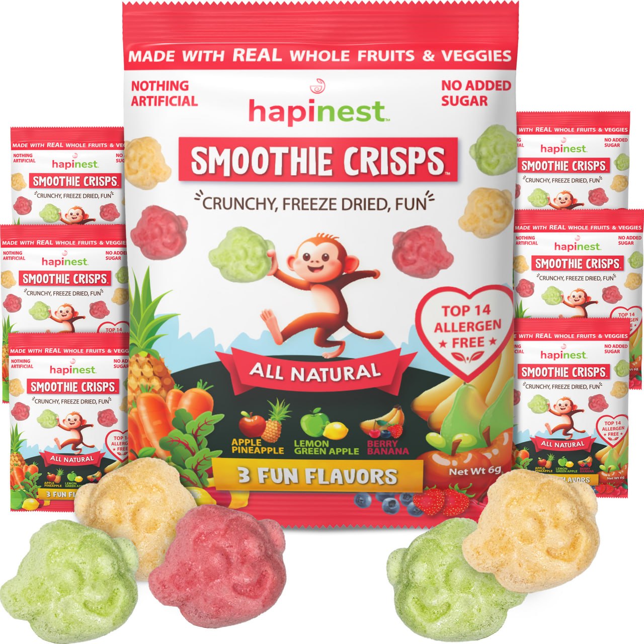 A bag of hapinest Smoothie Crisps surrounded by several loose colorful crisps in green, pink, and yellow, with smaller packs of the same product visible in the background. Tree Nut-Free, Peanut-Free, Egg-Free, Dairy-Free, Wheat-Free, Fish-Free, Sesame-Free, Celery-Free, Lupin-Free, Soy-Free, Shell-Fish Free, Gluten-Free, Mustard-Free, Sulphites-Free. Made with 13 fruits and veggies, source of 12 vitamins and minerals. Made in a dedicated top 14 allergen free facility.