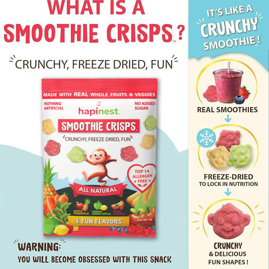 A promotional graphic for hapinest Smoothie Crisps snack pouch. The central product is a red and white bag of three fun-shaped fruit crisps, surrounded by colorful illustrations of fruits and a cartoon monkey. Tree Nut-Free, Peanut-Free, Egg-Free, Dairy-Free, Wheat-Free, Fish-Free, Sesame-Free, Celery-Free, Lupin-Free, Soy-Free, Shell-Fish Free, Gluten-Free, Mustard-Free, Sulphites-Free. Made with 13 fruits and veggies, source of 12 vitamins and minerals. Made in a dedicated top 14 allergen free facility.