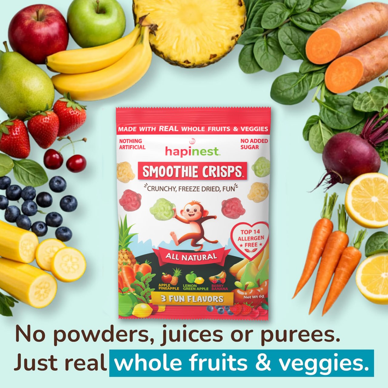A package of hapinest Smoothie Crisps snack mix is centered on a light blue background, surrounded by whole fruits and vegetables including bananas, strawberries, apples, carrots, spinach, blueberries, and lemons. Text at the bottom reads, 'No powders, juices or purees. Tree Nut-Free, Peanut-Free, Egg-Free, Dairy-Free, Wheat-Free, Fish-Free, Sesame-Free, Celery-Free, Lupin-Free, Soy-Free, Shell-Fish Free, Gluten-Free, Mustard-Free, Sulphites-Free.