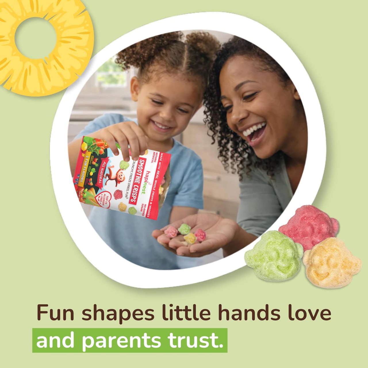 A promotional graphic for M&M's Galaxy gummy candies. A circular photo shows a smiling woman and young girl holding a bag of M&M's Galaxy gummy candies, with three colorful gummy candies (green, pink, and yellow) displayed next to the photo. Tree Nut-Free, Peanut-Free, Egg-Free, Dairy-Free, Wheat-Free, Fish-Free, Sesame-Free, Celery-Free, Lupin-Free, Soy-Free, Shell-Fish Free, Gluten-Free, Mustard-Free, Sulphites-Free. Made with 13 fruits and veggies, source of 12 vitamins and minerals.