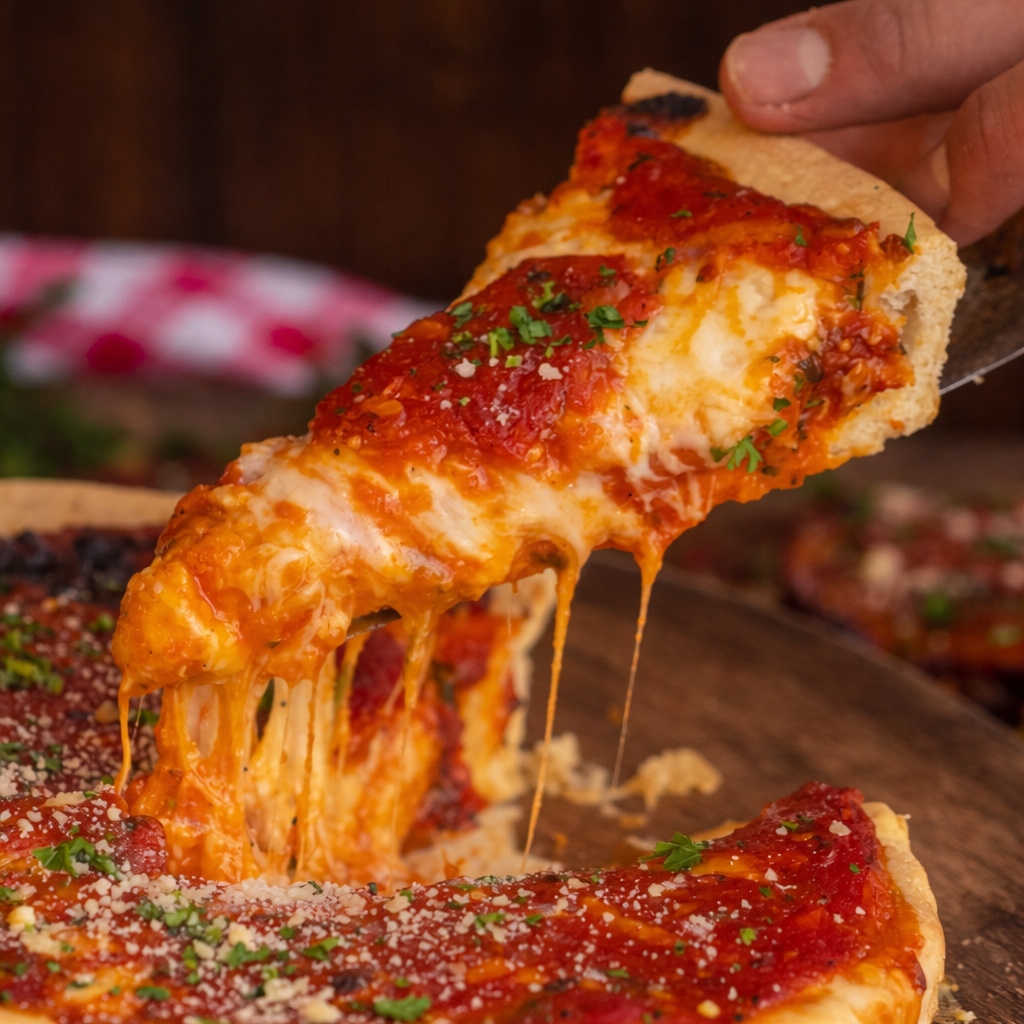 Slice of pizza being lifted with stringy cheese, wooden table in the background