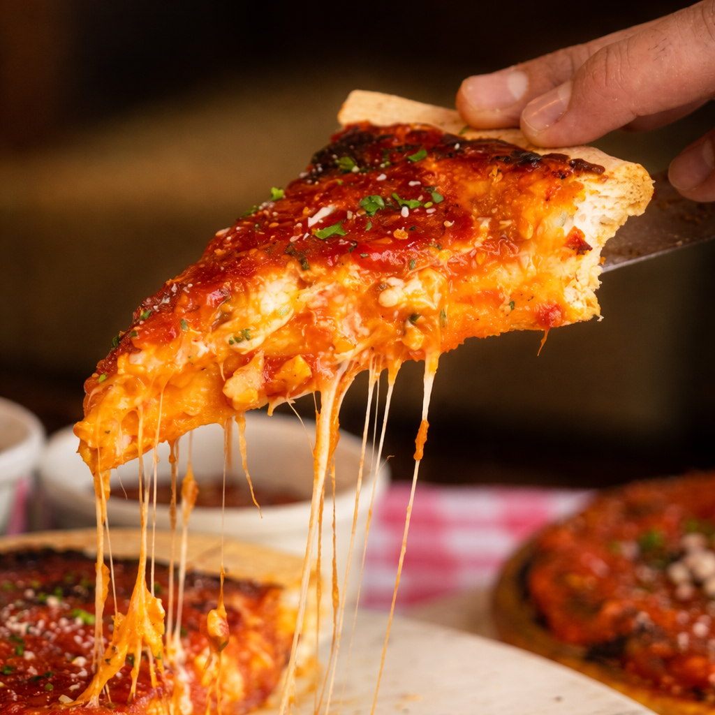 Slice of pizza with stretching cheese being lifted by a spatula.