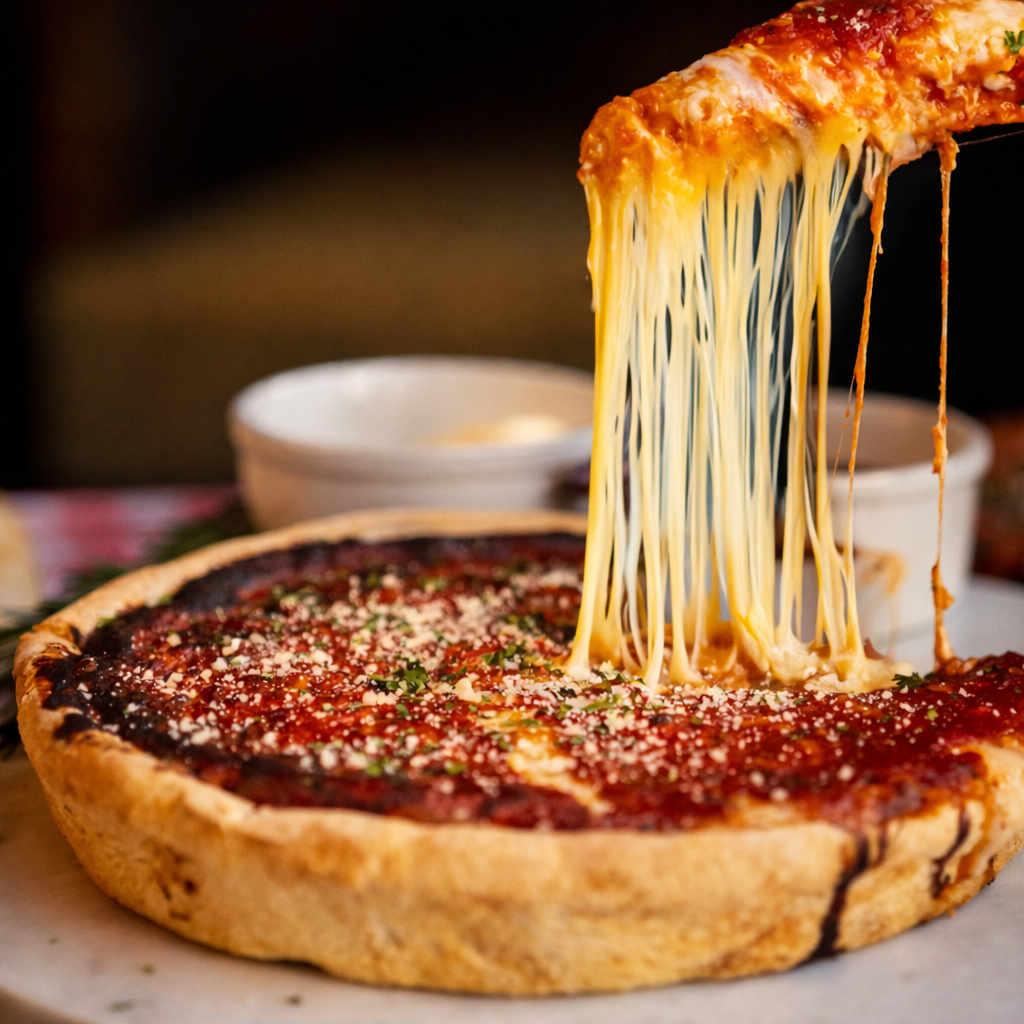 Cheesy pizza with a slice being lifted, showing stretching cheese, on a wooden table.