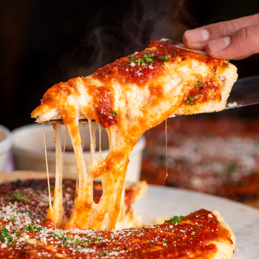 Hot slice of pizza with melting cheese being lifted, showing a close-up view.