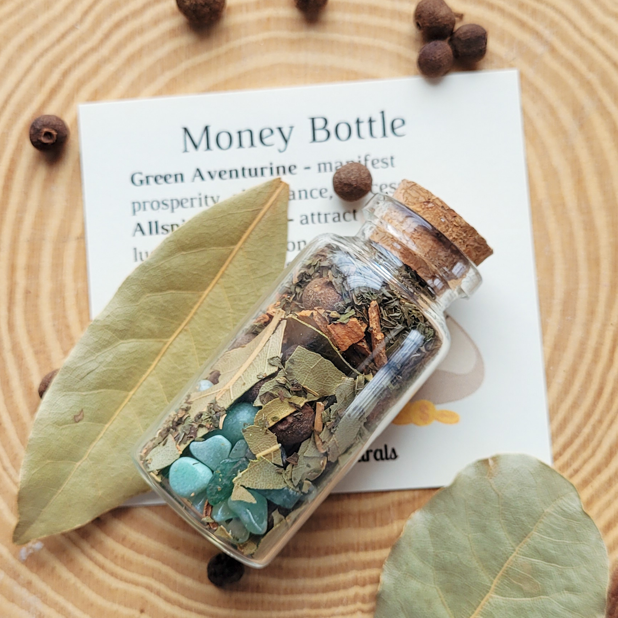 Money Bottle Spell Jar with Green Aventurine, Bay Leaves, Herbs & Crystals for Prosperity, Abundance, Wealth, Luck & Manifestation Rituals