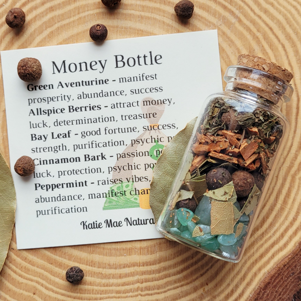 Money Bottle spell jar with green aventurine, allspice berries, bay leaf, cinnamon bark, peppermint and herbs for prosperity, abundance, success, good fortune and manifestation by Katie Mae Naturals