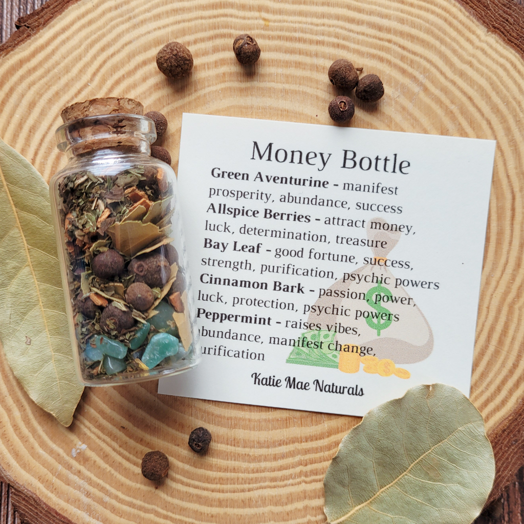 Money Bottle Spell Jar with Green Aventurine, Allspice Berries, Bay Leaf, Cinnamon Bark & Peppermint for Prosperity, Abundance, Luck & Success by Katie Mae Naturals
