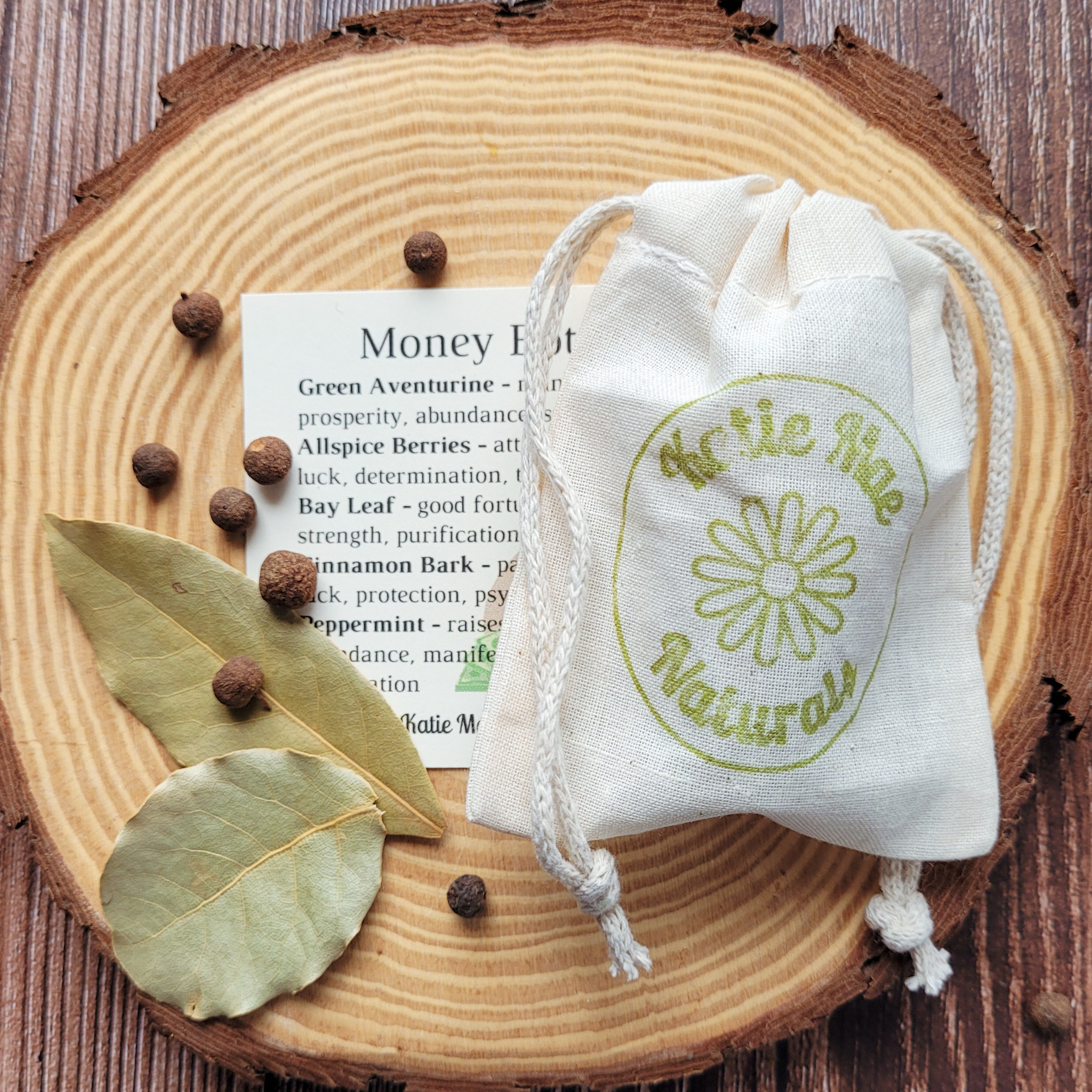 Katie Mae Naturals Money Bag Herbal Prosperity Kit with Green Aventurine, Allspice Berries, Bay Leaf, Cinnamon Bark & Peppermint – Small Batch Botanical Apothecary Wellness Product