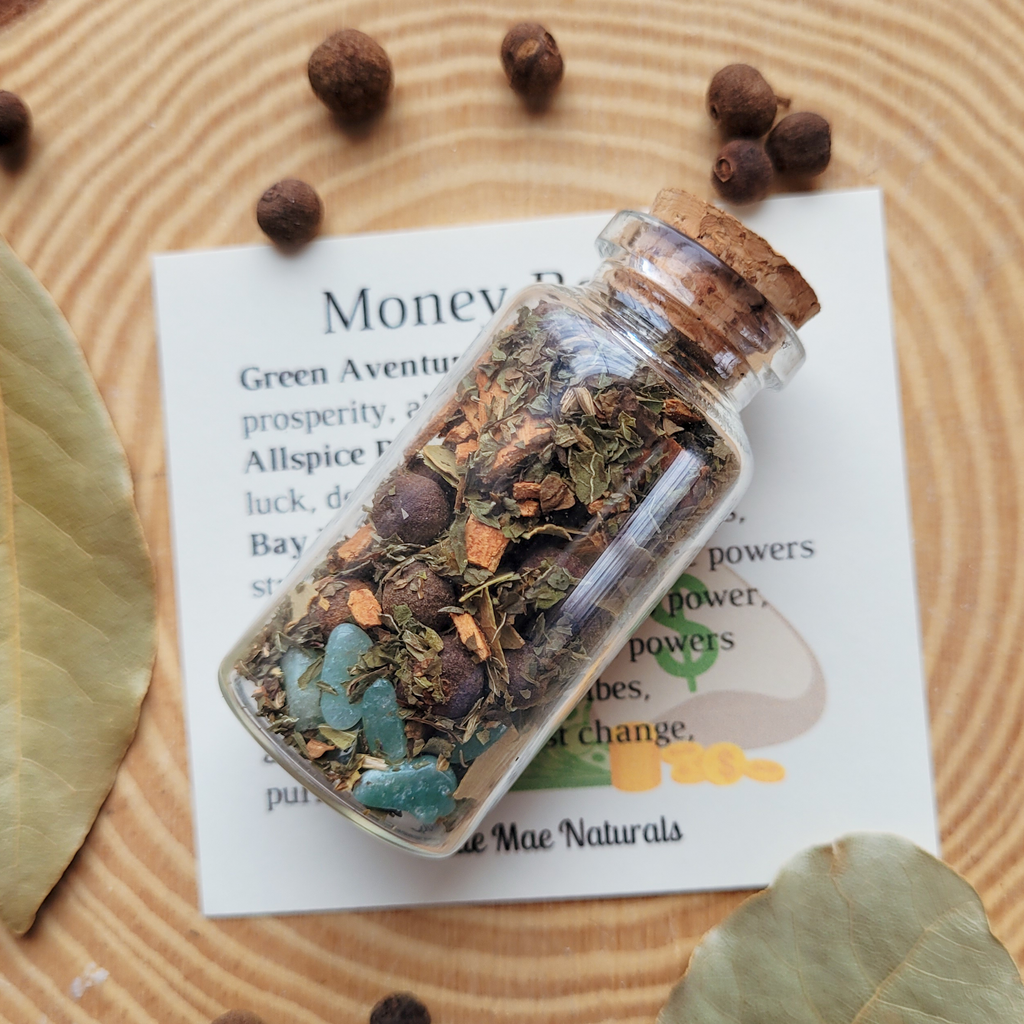 Money spell jar with herbs, crystals and botanicals for prosperity, abundance, luck and wealth manifestation by Katie Mae Naturals