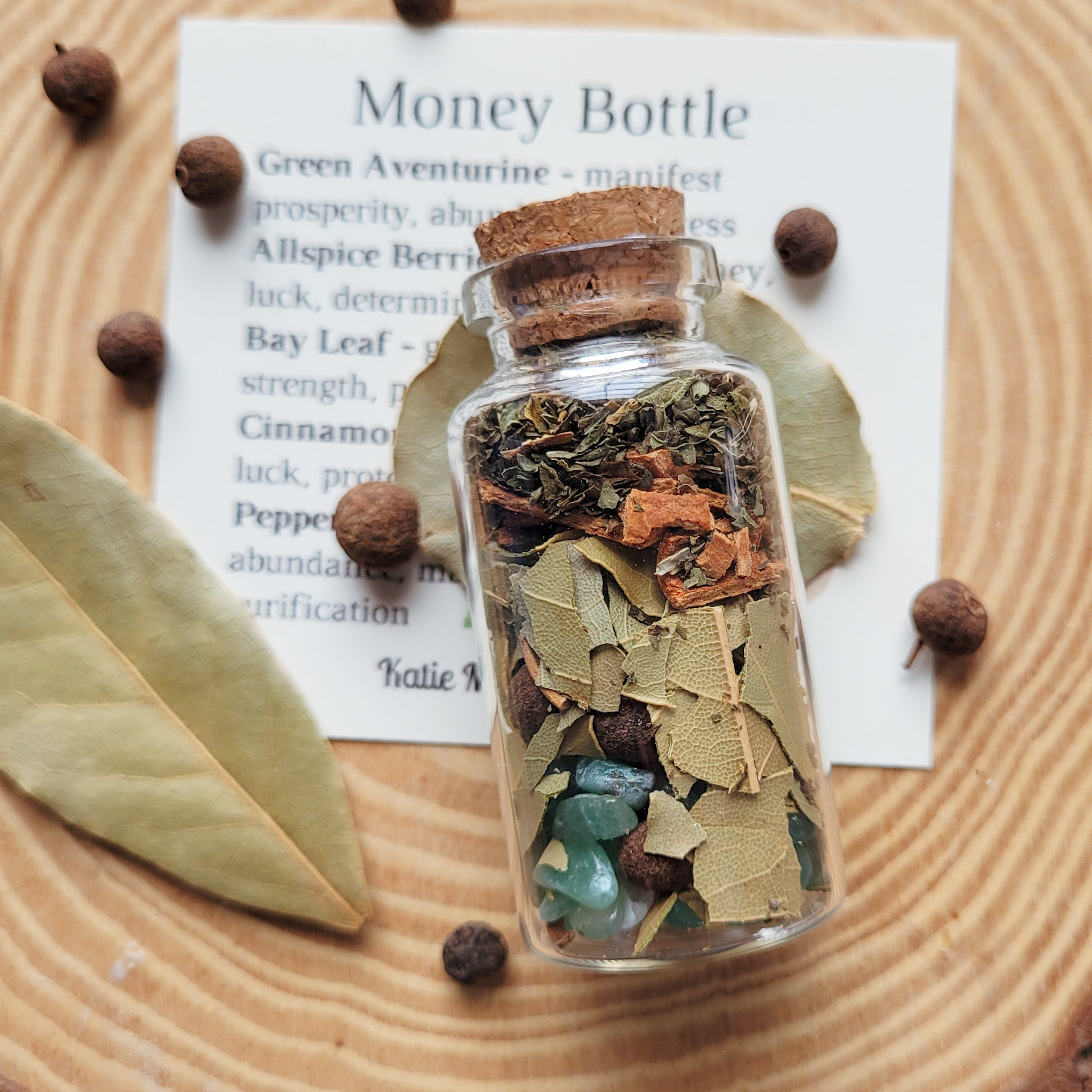 Money Spell Bottle with Herbs, Bay Leaves, Green Aventurine Crystals & Spices for Attracting Wealth, Prosperity, Abundance & Good Fortune – Handmade Metaphysical Apothecary Jar