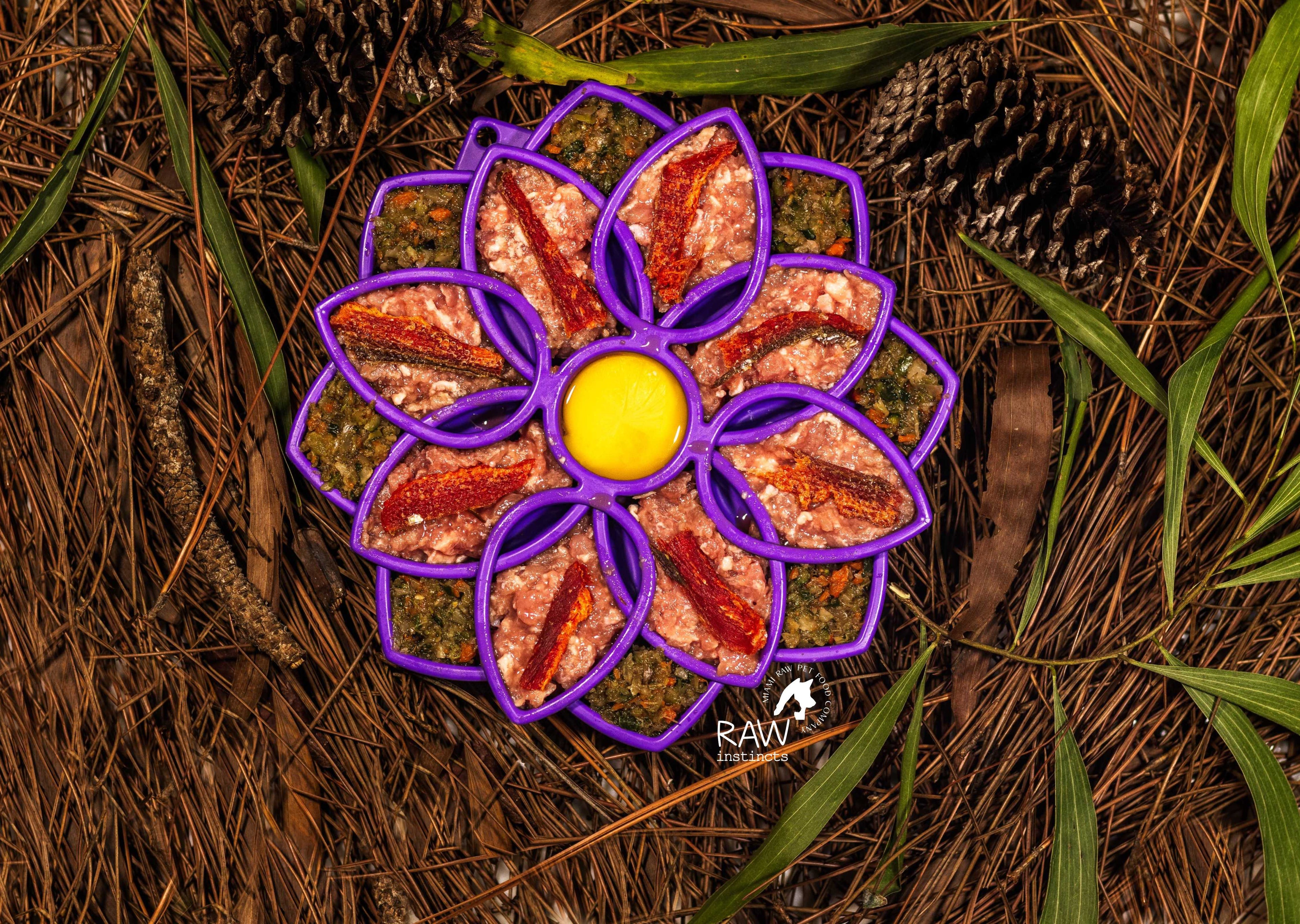 Raw PMR pork meal blend for cats and dogs arranged in a flower-shaped slow feeder bowl on a natural bed of pine needles and forest leaves, showcasing a biologically appropriate prey model raw diet by Raw Instincts Florida.