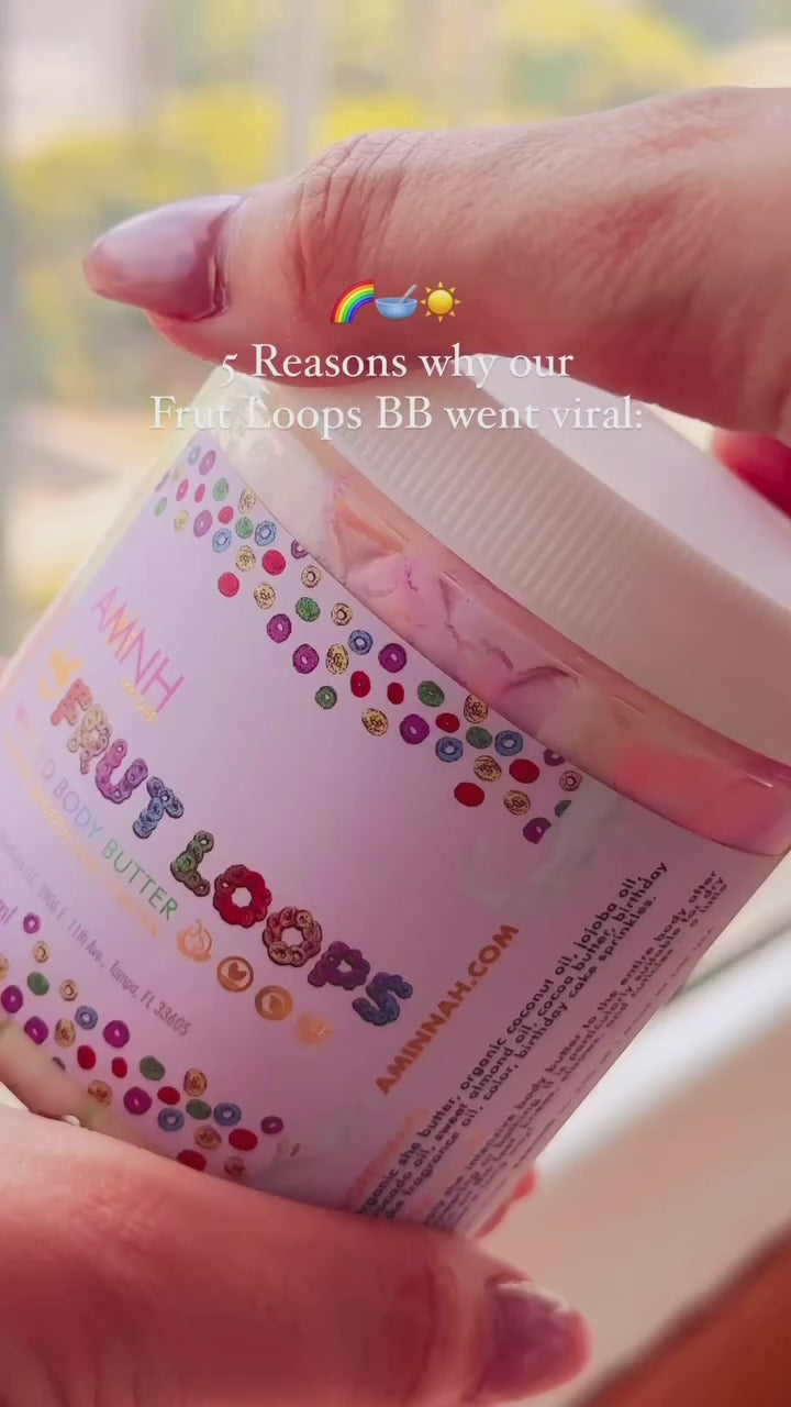 AMINNAH Frut Loops Whipped Body Butter video showcasing rich, fluffy vegan body butter with a colorful dessert-inspired design. Clean beauty skincare made with natural ingredients to deeply moisturize and soften skin. Cruelty-free, paraben-free, gluten-free formula in recyclable packaging from a female-owned brand, available at Tree of Life Grocers.