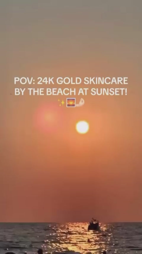 AMINNAH Golden Sunshine Babe Sugar Scrub video featuring luxurious 24K gold skincare by the beach at sunset, clean beauty, cruelty-free, vegan, paraben-free, gluten-free, made with natural ingredients, recyclable packaging, female-owned brand, hydrating exfoliating body scrub for radiant glowing skin.
