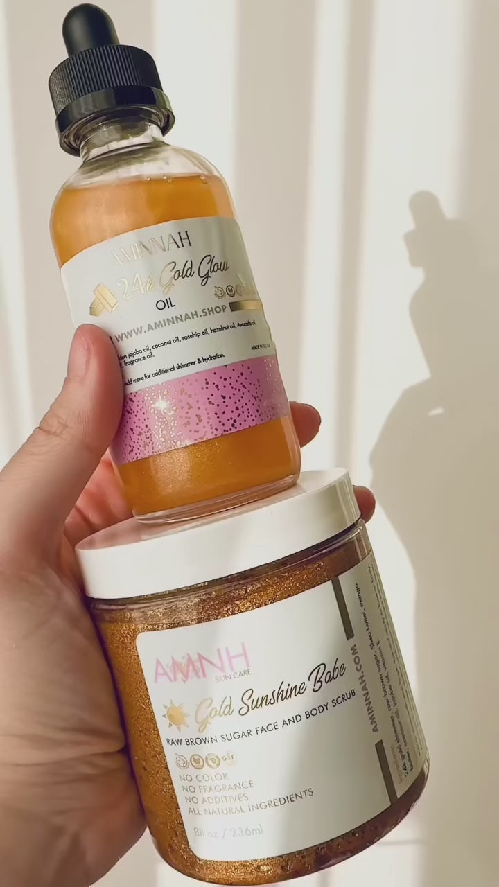 Luxury lifestyle video of AMINNAH Golden Sunshine Babe Sugar Scrub and 24K Gold Glow Oil showcasing clean beauty, cruelty-free, vegan skincare with natural ingredients. Paraben-free, gluten-free exfoliating sugar scrub in recyclable packaging from a female-owned brand, delivering radiant, hydrated, glowing skin with a nourishing botanical formula for a spa-inspired self-care routine.