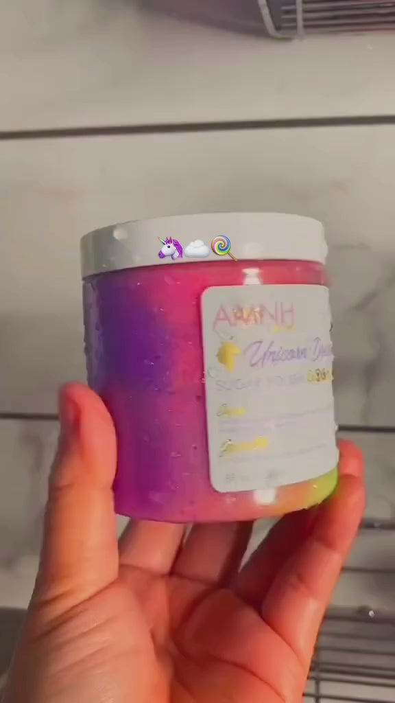 AMINNAH Unicorn Dreams Sugar Polish exfoliating body scrub in shimmering rainbow jar, clean beauty, cruelty free, vegan, paraben free, gluten free, natural ingredients, recyclable packaging, female owned brand, nourishing sugar scrub for soft, radiant skin.