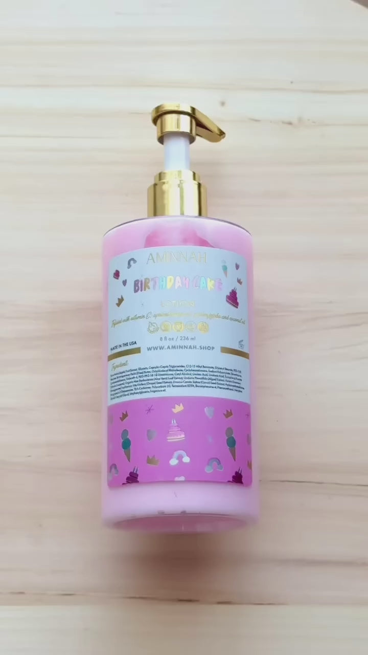 AMINNAH Birthday Cake Hydrating Body Lotion video showcasing a luxurious vegan body moisturizer with natural ingredients in elegant recyclable packaging. Clean beauty, cruelty-free, paraben-free, gluten-free skincare from a female-owned brand, featuring a lightweight, fast-absorbing formula that nourishes, hydrates, and leaves skin soft, smooth, and healthy-looking with a sweet birthday cake fragrance.