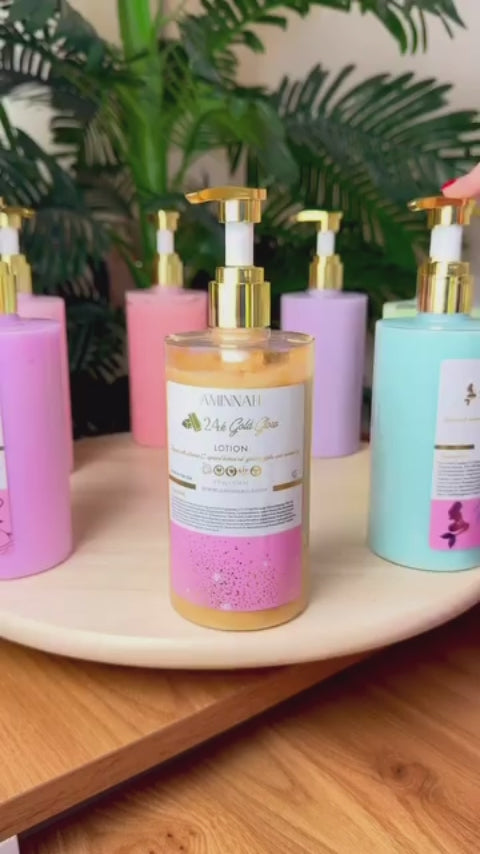 Luxury video showcasing AMINNAH 24K Gold Glow Hydrating Body Lotion in an elegant pump bottle on a marble display with premium skincare collection. Clean beauty, cruelty-free, paraben-free, gluten-free, vegan body lotion made with natural ingredients, featuring recyclable packaging from a female-owned brand for deeply hydrated, soft, smooth, healthy-looking skin.