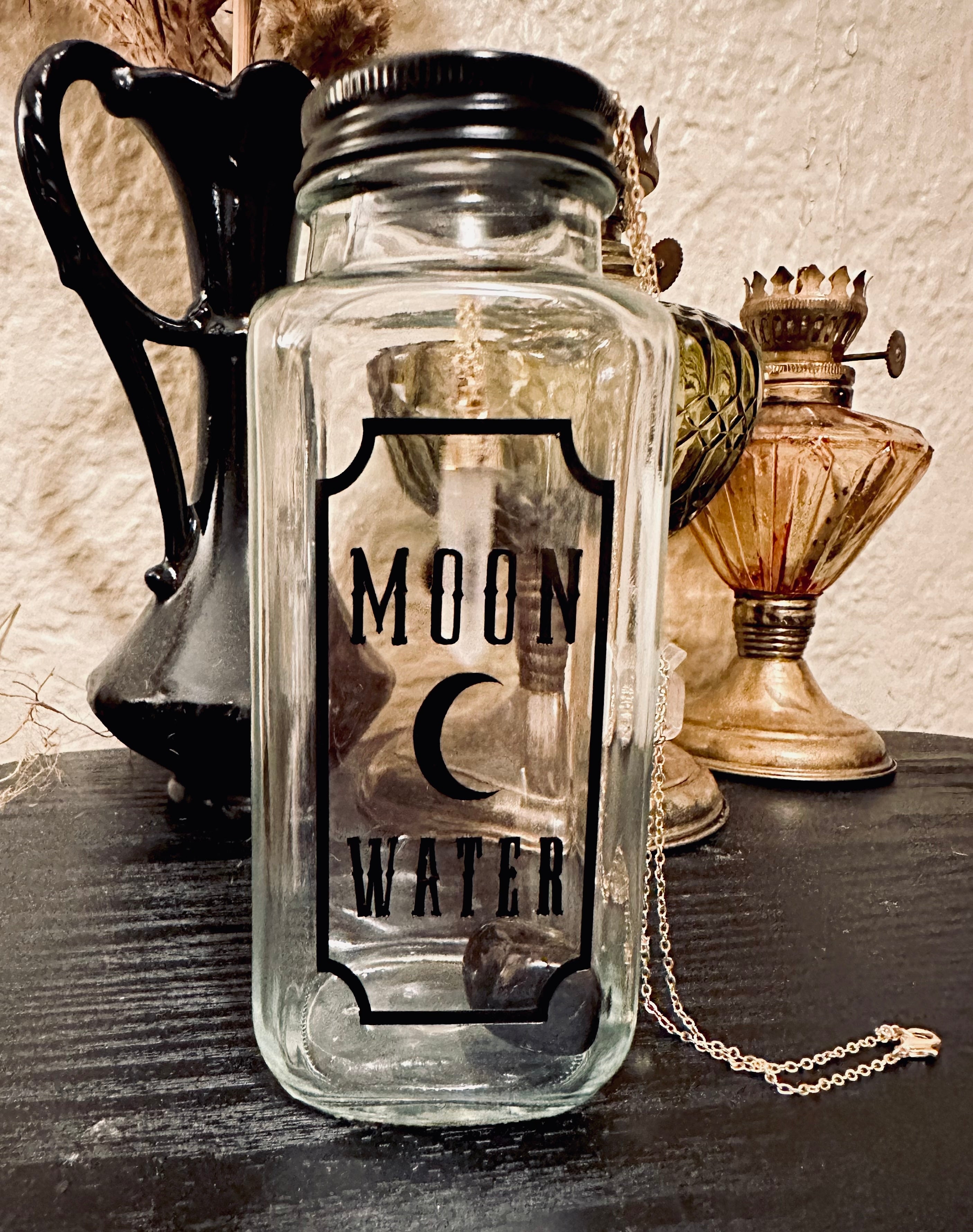 Moon Water Charging Glass Jar 8oz – Necklace Holder – Goth Candles Handmade