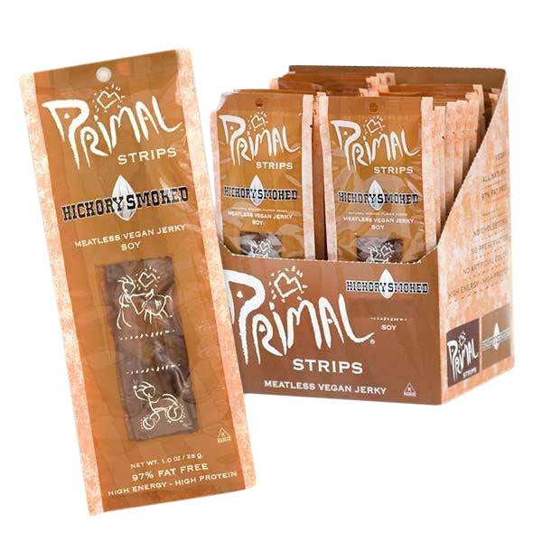 Primal Strips Hickory Smoked meatless vegan jerky in 1 oz single-serve package with retail display box on a white background.