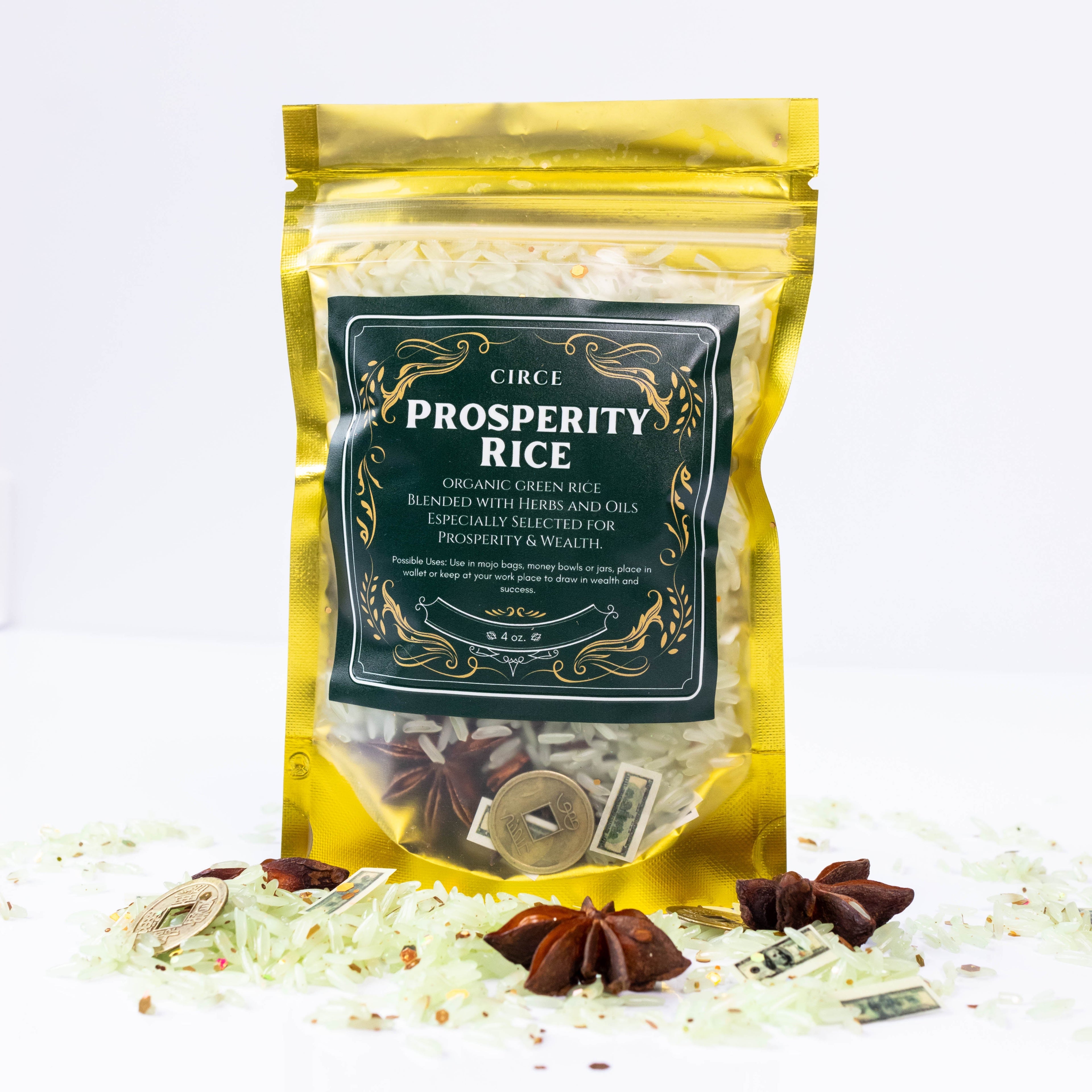 Circe Prosperity Rice 4 oz organic green rice blend with herbs, oils, star anise, coins and money for prosperity, wealth, luck, altar and mojo bag rituals