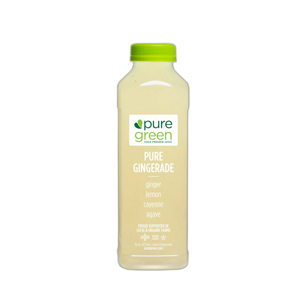 Bottle of pure green pure gingerade on a white background. PURE GREEN PURE GINGERADE Cold-Pressed NON-GMO Juice Drink with Filtered Water, Ginger, Lemon, Agave, and Cayenne, No Added Sugar, Gluten-Free