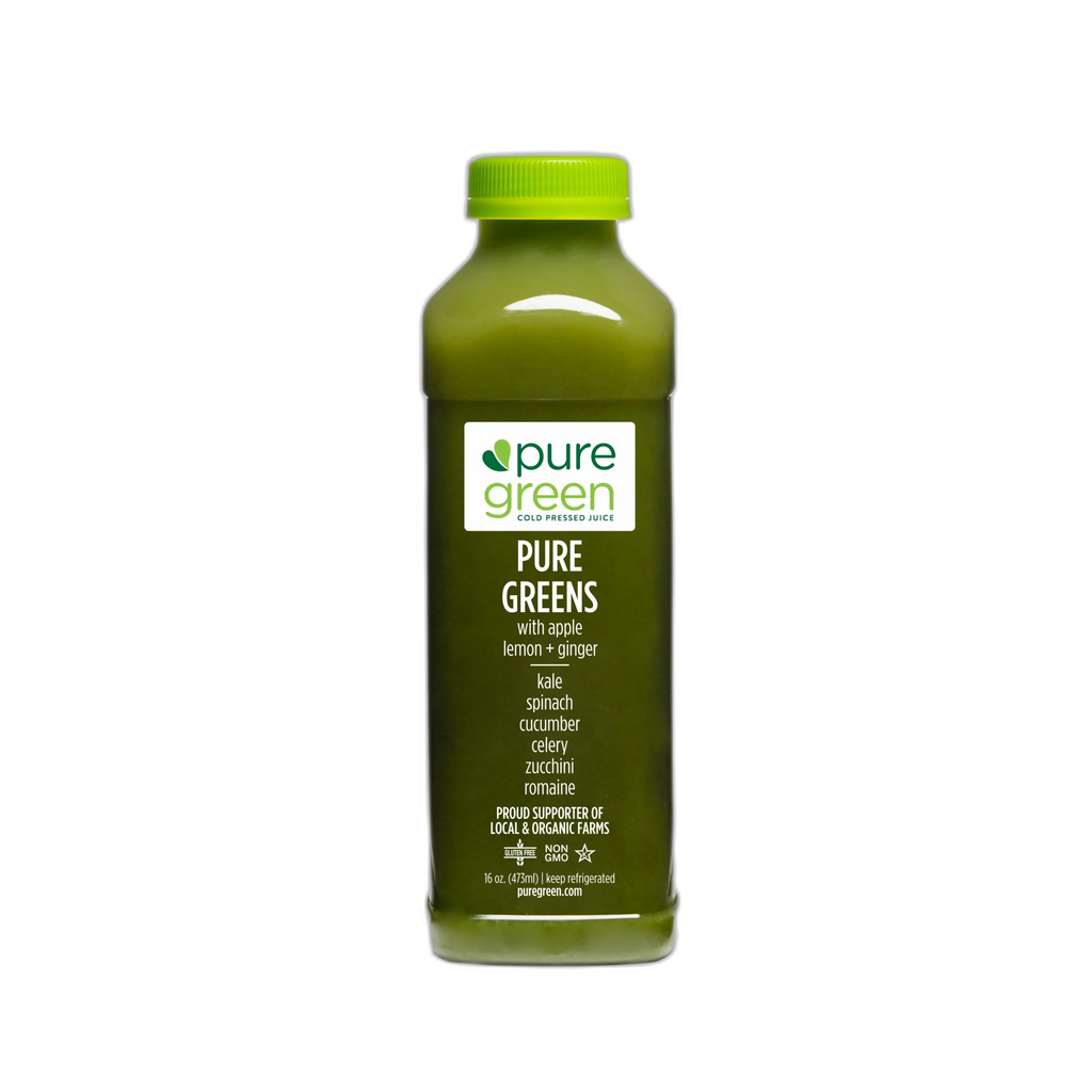 Bottle of pure green juice with a white background. PURE GREENS ALG: Cold-Pressed NON-GMO Juice Drink with with Apple, Lemon, Ginger, Kale, Spinach, Cucumber, Celery, Zucchini and Romaine, No Added Sugar, Gluten-Free