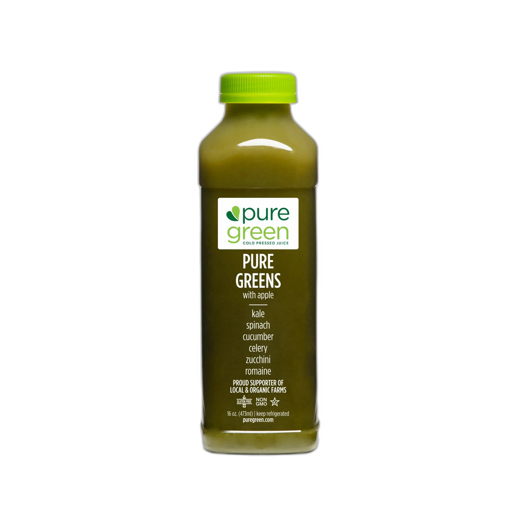 Bottle of pure green juice with a white background. PURE GREENS APPLE: Cold-Pressed NON-GMO Juice Drink with with Cucumber, Apple, Celery, Spinach, Ginger, Kale, Apple Cider, Vinegar, Spirulinal, Mint, No Added Sugar, Gluten-Free