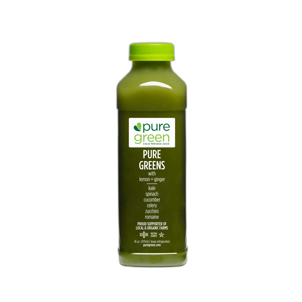 Bottle of pure green juice with a white background. Pure Greens with lemon, ginger, kale, spinach, cucumber, celery, zucchini, and romaine. This company is a proud supporter of local and organic farms. PURE GREENS LG Pure Greens Cold-Pressed Juice Drink with Lemon, Ginger, Kale, Spinach, Cucumber, Celery, Zucchini, and Romaine.