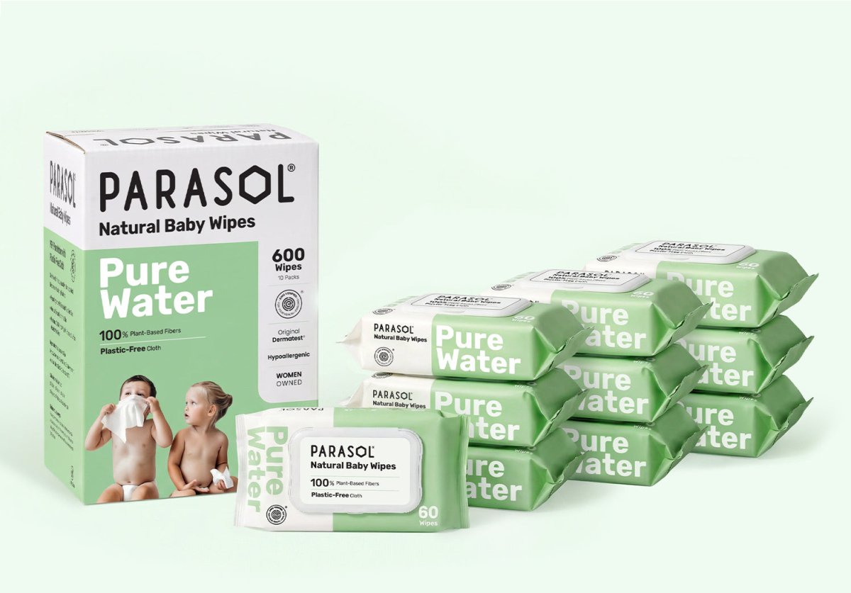 Parasol Pure Water Natural Baby Wipes 600-count box with 10 packs of hypoallergenic, fragrance-free, plant-based baby wipes on a white background.