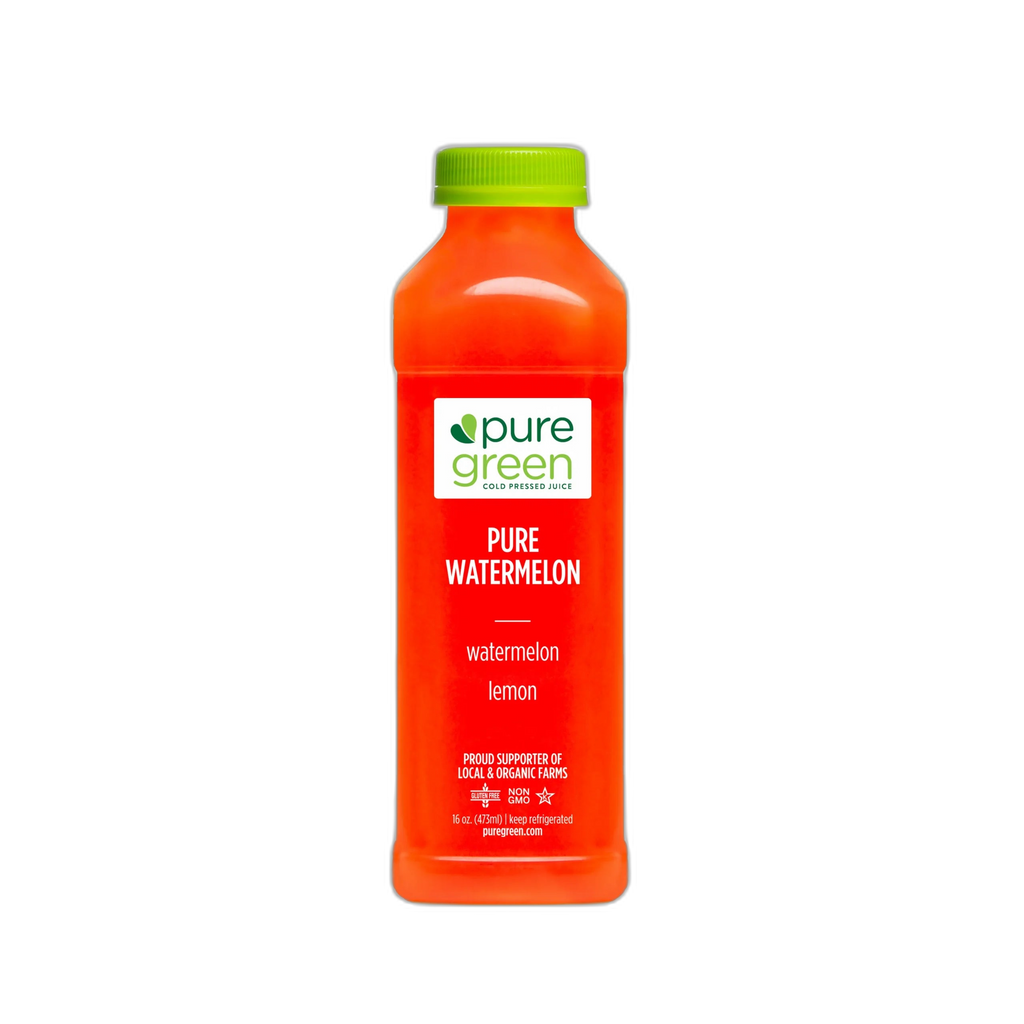 Orange bottle of pure green pure watermelon juice on a white background. PURE GREEN PURE WATERMELON Cold-Pressed NON-GMO Juice Drink with Lemon, No Added Sugar, Gluten-Free Two ingredient only drink. No Added Sugars, Gluten-Free Juice Drink.