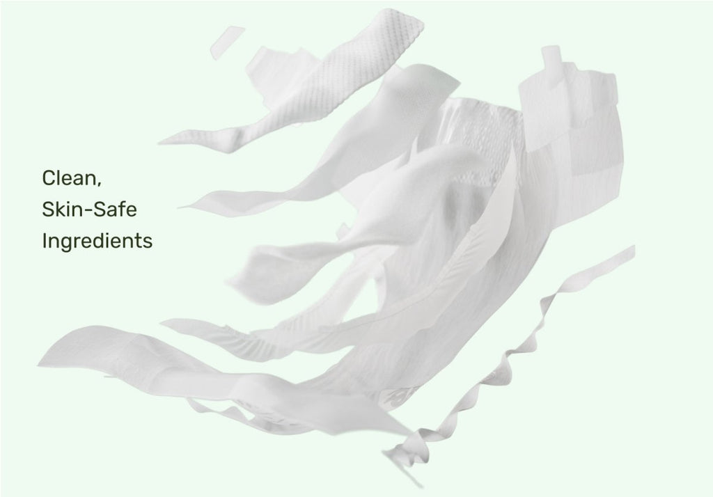 Clean, skin-safe diaper materials flowing on a light background with the text "Clean, Skin-Safe Ingredients," highlighting Parasol RashShield® diapers' gentle, breathable construction for sensitive baby skin.