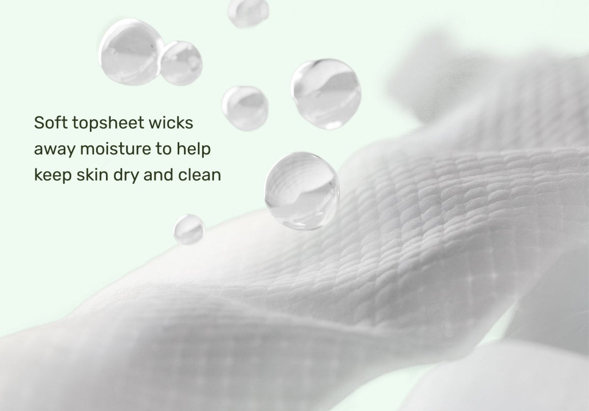 Text on a white background about a soft topsheet wicking away moisture. Safe and clean baby wipes.