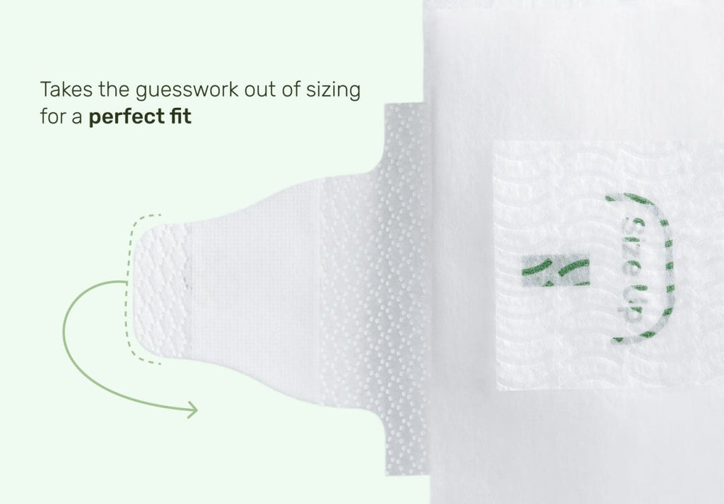 Perfect-fit sizing guide for Parasol RashShield® Pure White diapers, featuring adjustable fastening tabs with "size up" indicators for a secure, comfortable fit that grows with your baby. Clean white diaper design on a soft, minimalist background.