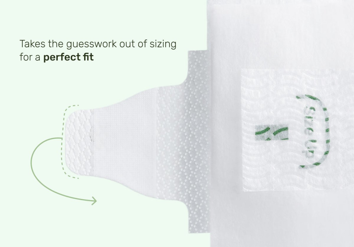 Perfect-fit sizing guide for Parasol RashShield® Pure White diapers, featuring adjustable fastening tabs with "size up" indicators for a secure, comfortable fit that grows with your baby. Clean white diaper design on a soft, minimalist background.