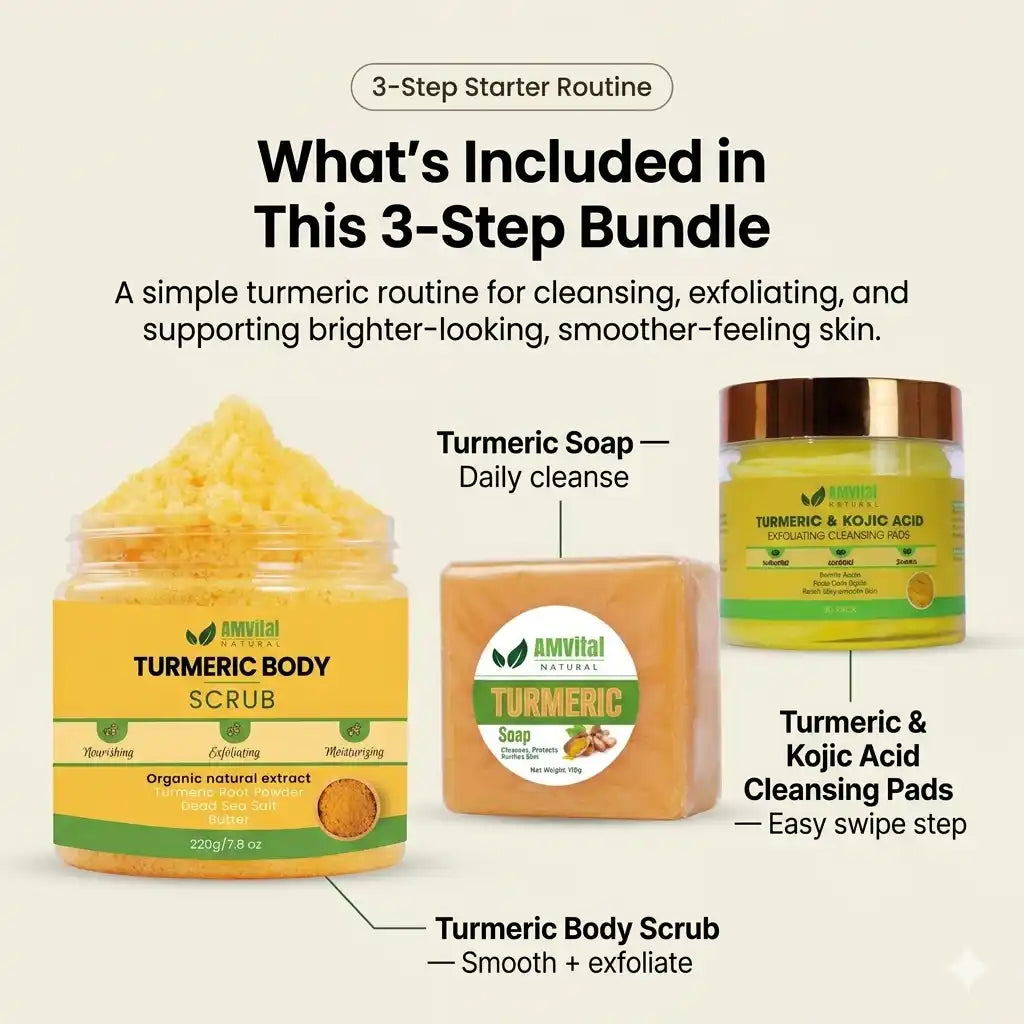 Radiant Glow Starter Bundle including Turmeric Soap, Body Scrub, and Kojic Acid Cleansing Pads for brightening hyperpigmentation and achieving even skin tone.