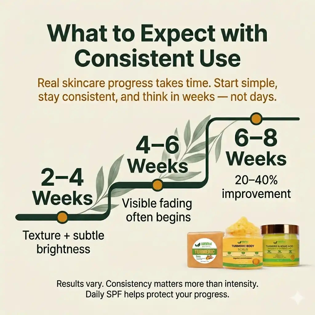 An informational skincare graphic titled 'What to Expect with Consistent Use' on a warm beige background. It includes text about real skincare progress over 2-4, 4-6, and 6-8 weeks, with a small illustrated leaf path and three cosmetic jars shown at the bottom right.