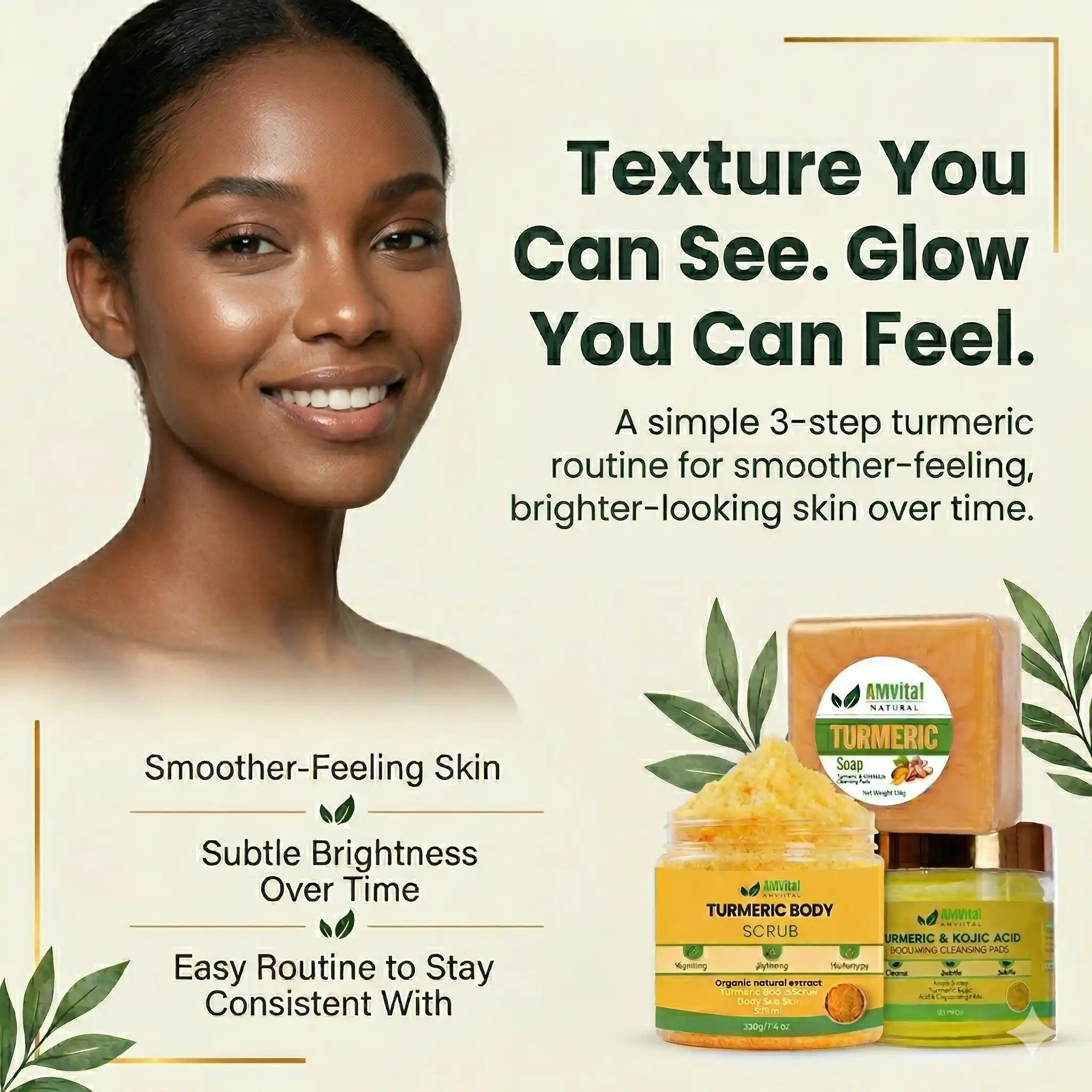 Promotional graphic for a turmeric body scrub set, featuring a smiling woman on the left and two product containers on the right: a bar of soap and a jar of scrub with a matching bottle. Text highlights visible skin texture, glow, and smoother feeling skin.