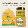 Radiant Glow Starter Bundle by AMVital featuring a 3-step turmeric skincare routine for brightening and hyperpigmentation, including turmeric soap, body scrub, and Kojic acid cleansing pads.
