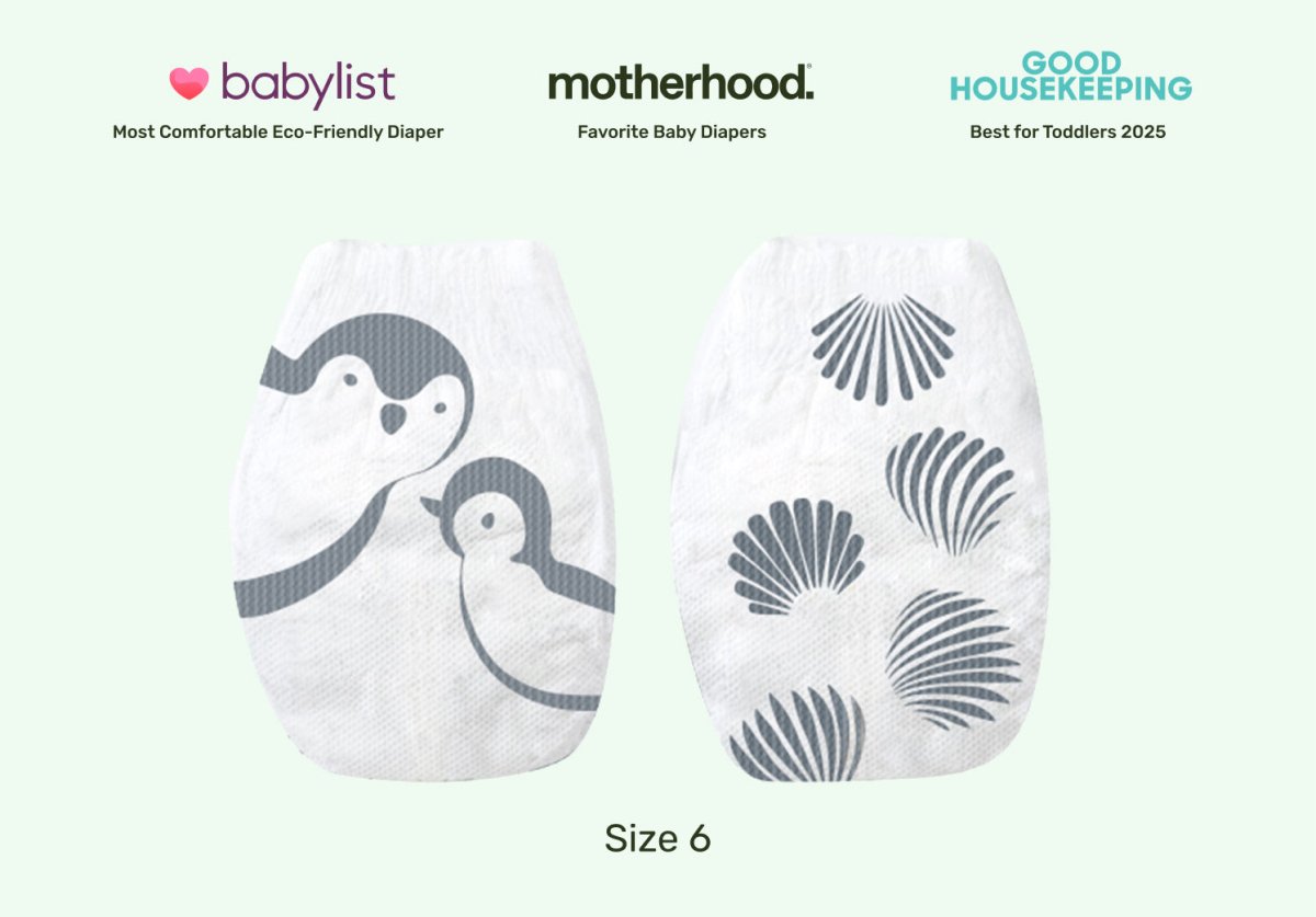 Two baby diapers with penguin design on a light green background, featuring awards from Babylist, Motherhood, and Good Housekeeping. Clean skin safe diapers for toddlers and sensitive skin.