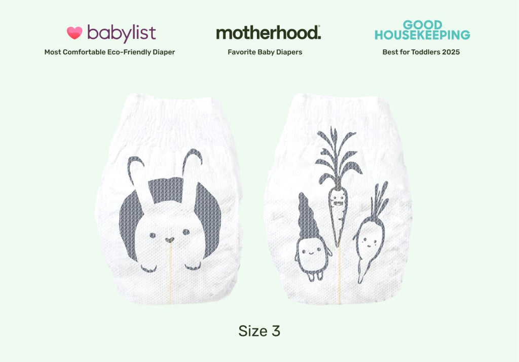 Two Parasol RashShield® Size 3 disposable baby diapers displayed side by side on a soft light green background beneath Babylist, Motherhood and Good Housekeeping award logos. The left diaper features a smiling bunny illustration, while the right diaper showcases playful hand-drawn root vegetables, including a carrot and radish. Premium hypoallergenic diapers designed for rash-sensitive skin with breathable comfort, reliable leak protection, and clean, skin-safe materials for babies and toddlers. clean skin