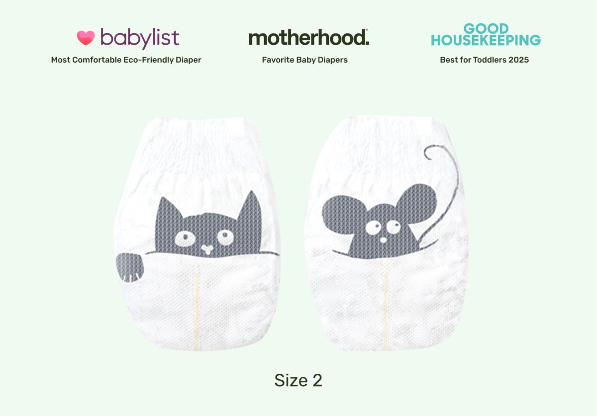 Two **Parasol RashShield® Size 2 disposable baby diapers** displayed side by side on a soft light green background beneath **Babylist**, **Motherhood**, and **Good Housekeeping** award logos. The left diaper features a playful gray cat illustration peeking over the edge, while the right diaper showcases a cute gray mouse design with a long curled tail. Premium, hypoallergenic diapers designed for rash-sensitive skin, breathable comfort, and reliable leak protection. Clean skin safe baby diapers