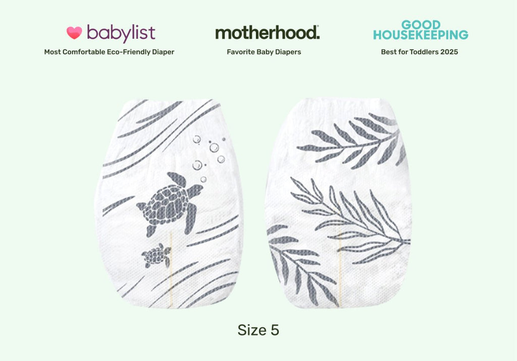 Two baby diapers with turtle and leaf designs on a light green background, featuring awards from Babylist, Motherhood, and Good Housekeeping. Clean skin safe baby diapers for toddlers and babies.