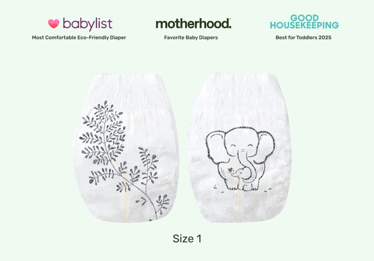 Two white **Parasol RashShield® Size 1 disposable baby diapers** displayed side by side on a soft pale green background beneath Babylist, Motherhood, and Good Housekeeping award logos. The left diaper features a delicate gray botanical leaf pattern, while the right diaper showcases a hand-drawn baby elephant illustration, highlighting the brand's soft, premium design for newborns. Clean, skin safe baby diapers.
