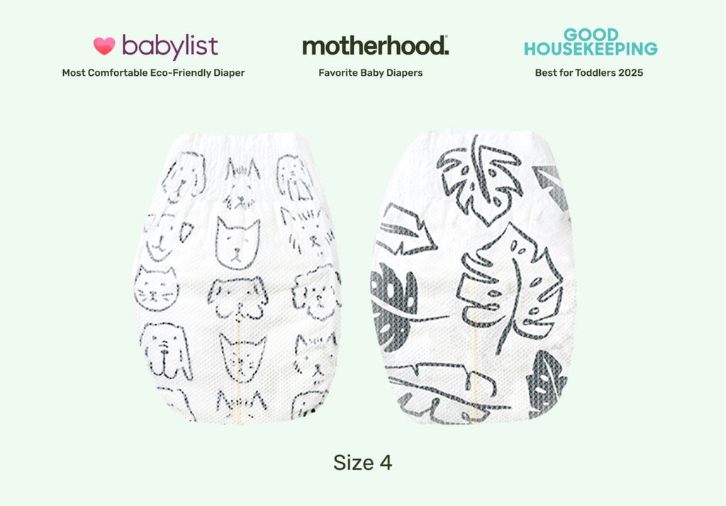 Two baby diapers with animal and leaf patterns on a white background, featuring awards from Babylist, Motherhood, and Good Housekeeping. Clean skin safe diapers for babies and toddlers.